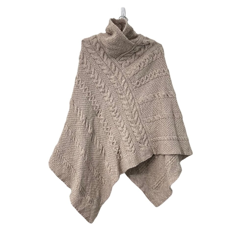 Inis Crafts Womens Beige Cable Knit Ireland Merino High Neck Cape Poncho M/L
